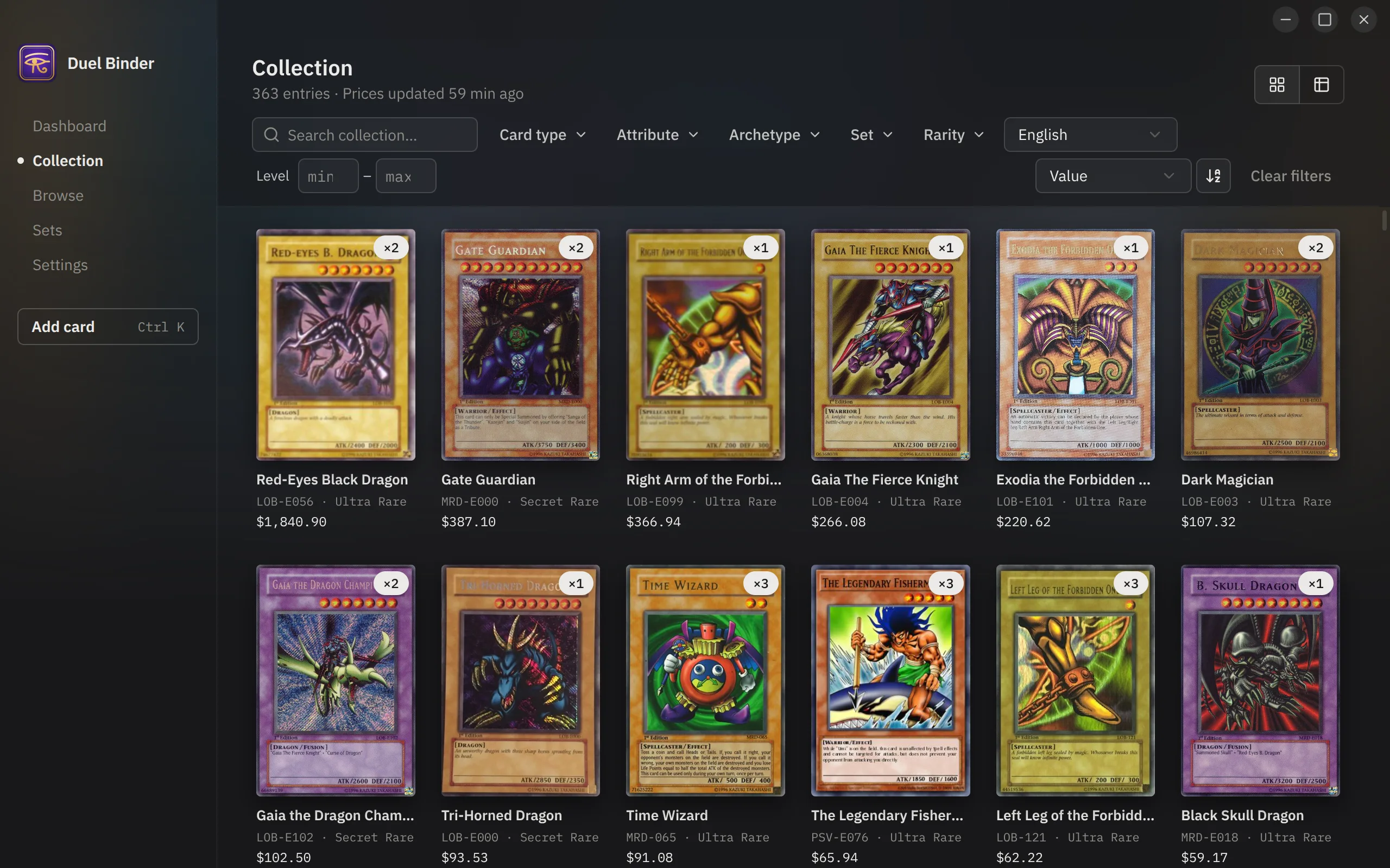 The Collection page of the Duel Binder desktop app: a grid of cards sorted by value, with filters for type, set, rarity and condition.